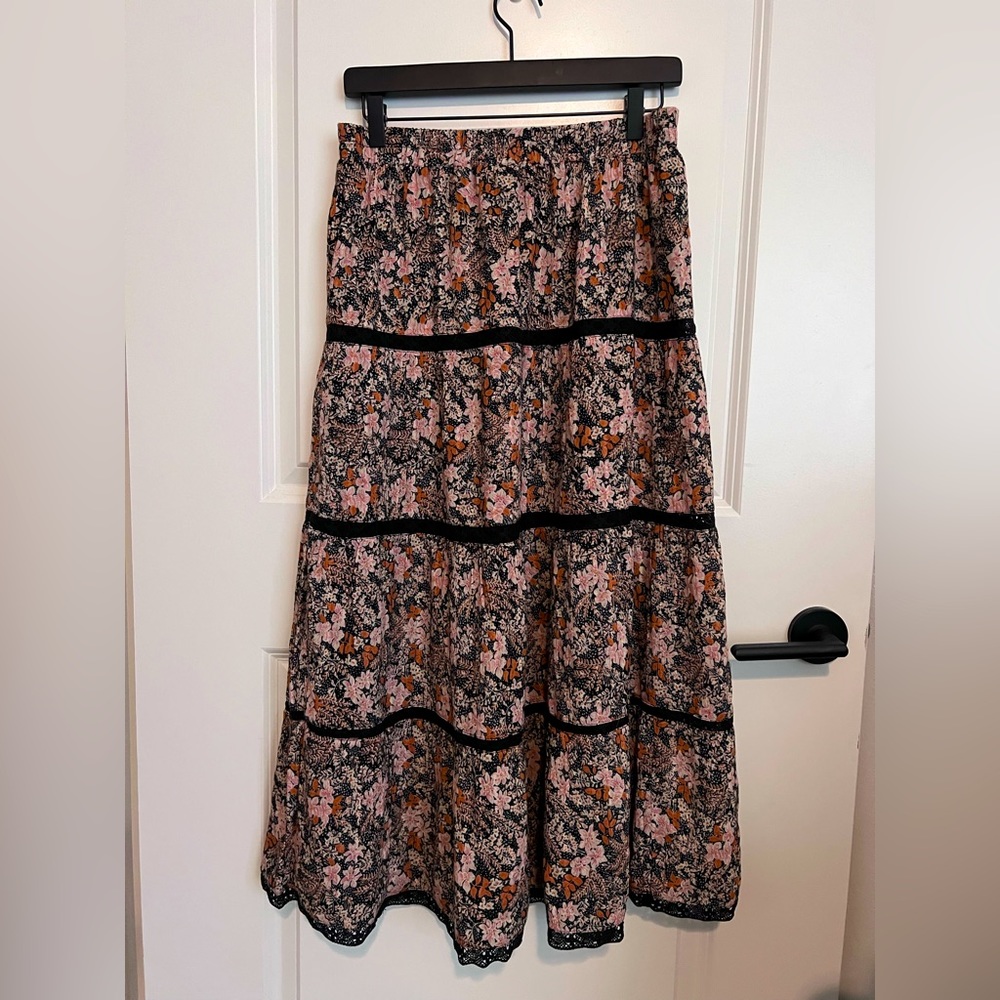 American Eagle Outfitters Floral Tiered Midi Skirt - Black, Pink, Brown